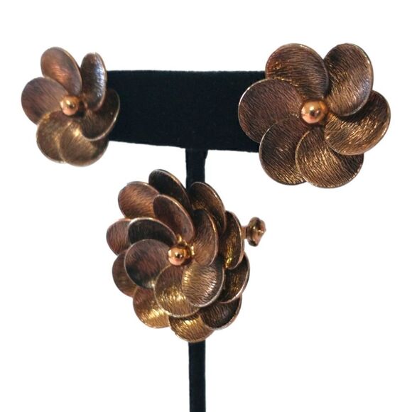 Demi Parure Earrings Brooch Set Vtg Copper Floral 50s 60s Daisy Estate MCM Retro - Picture 5 of 16